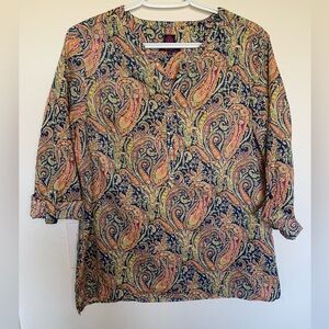 Liberty Art Fabrics Paisley Popover Blouse Top Roll Tab Sleeves Size Medium